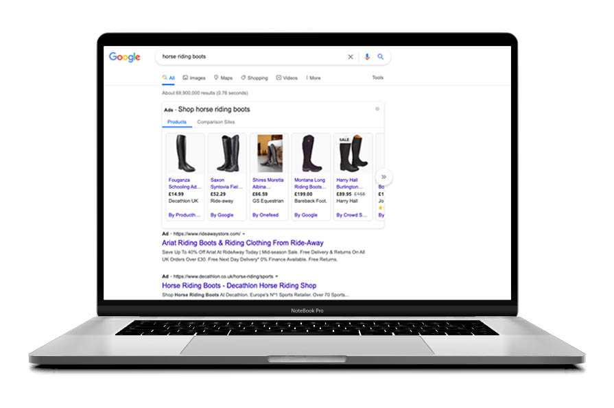 shopping and text ad results for horse riding boots search query in google